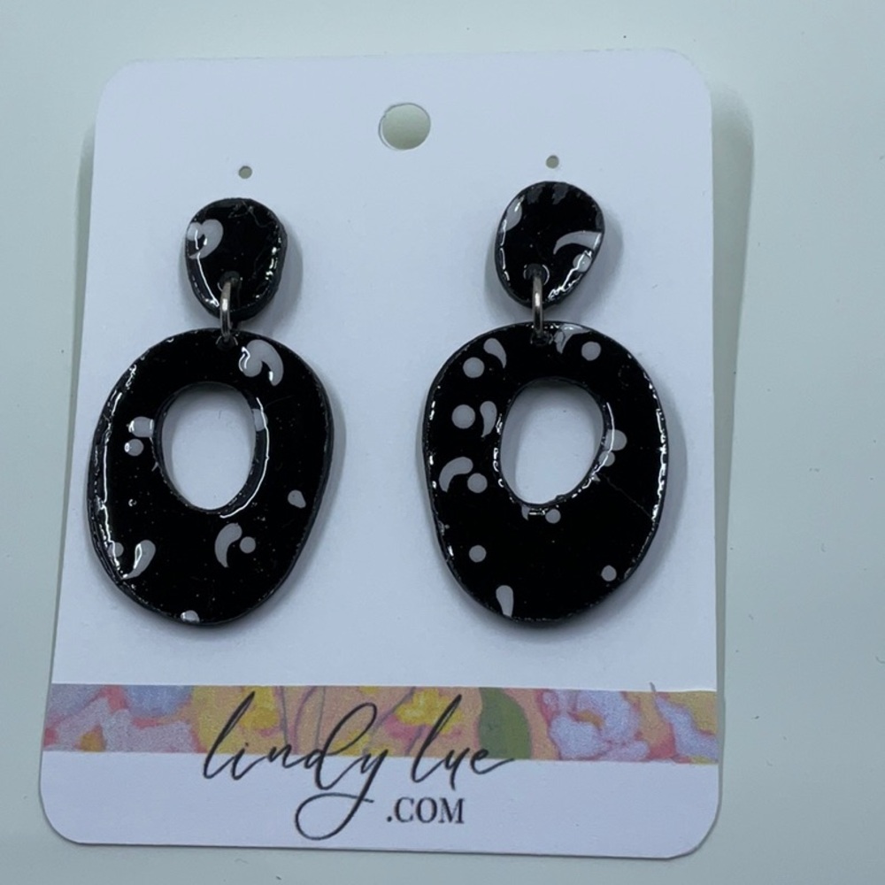 Hand Crafted Black and White Pattern  Dangle Hoops 60's Style Earrings